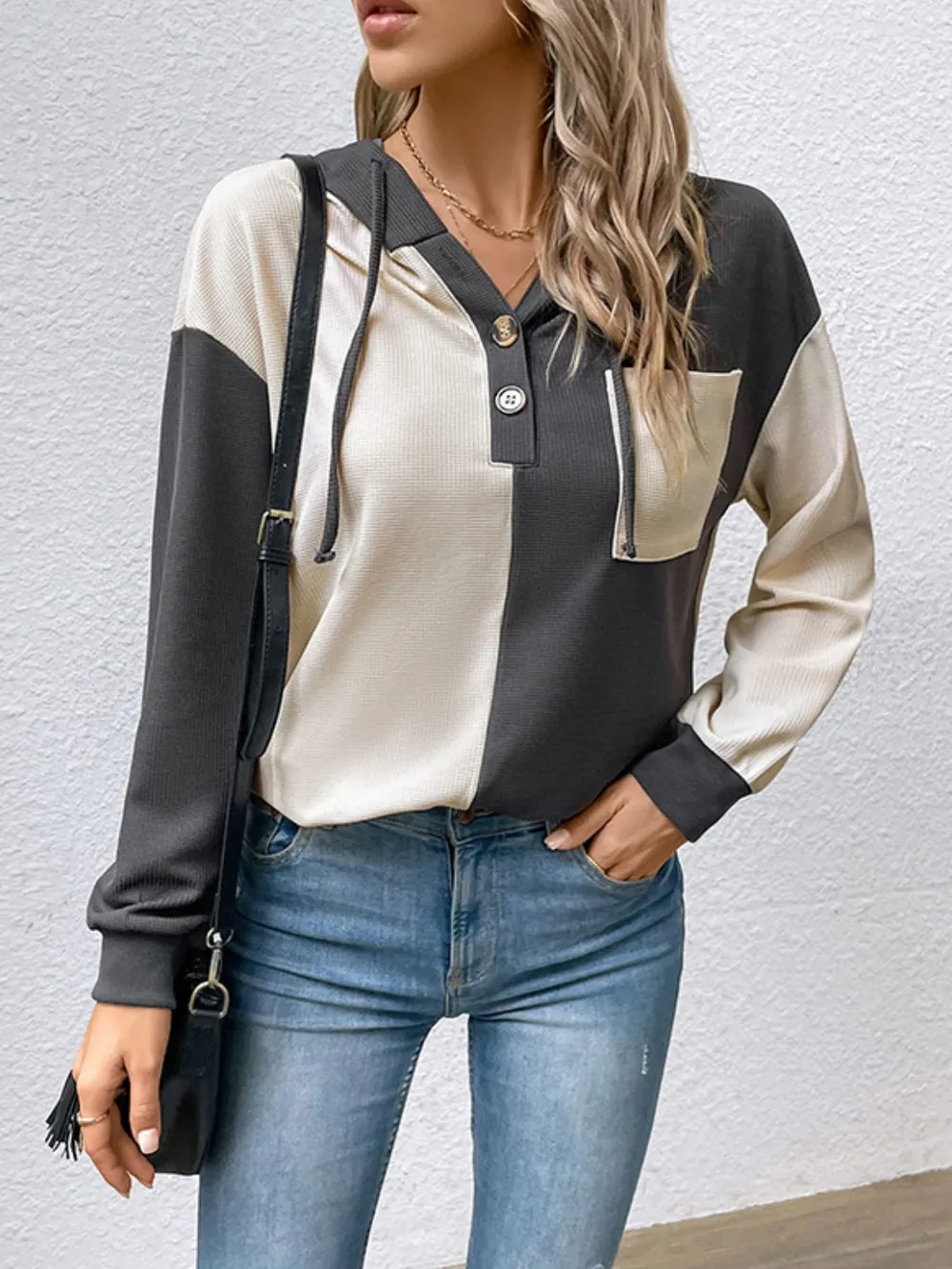 Contrast Color Button-Up Raglan Sleeve Hoodie, image 4
