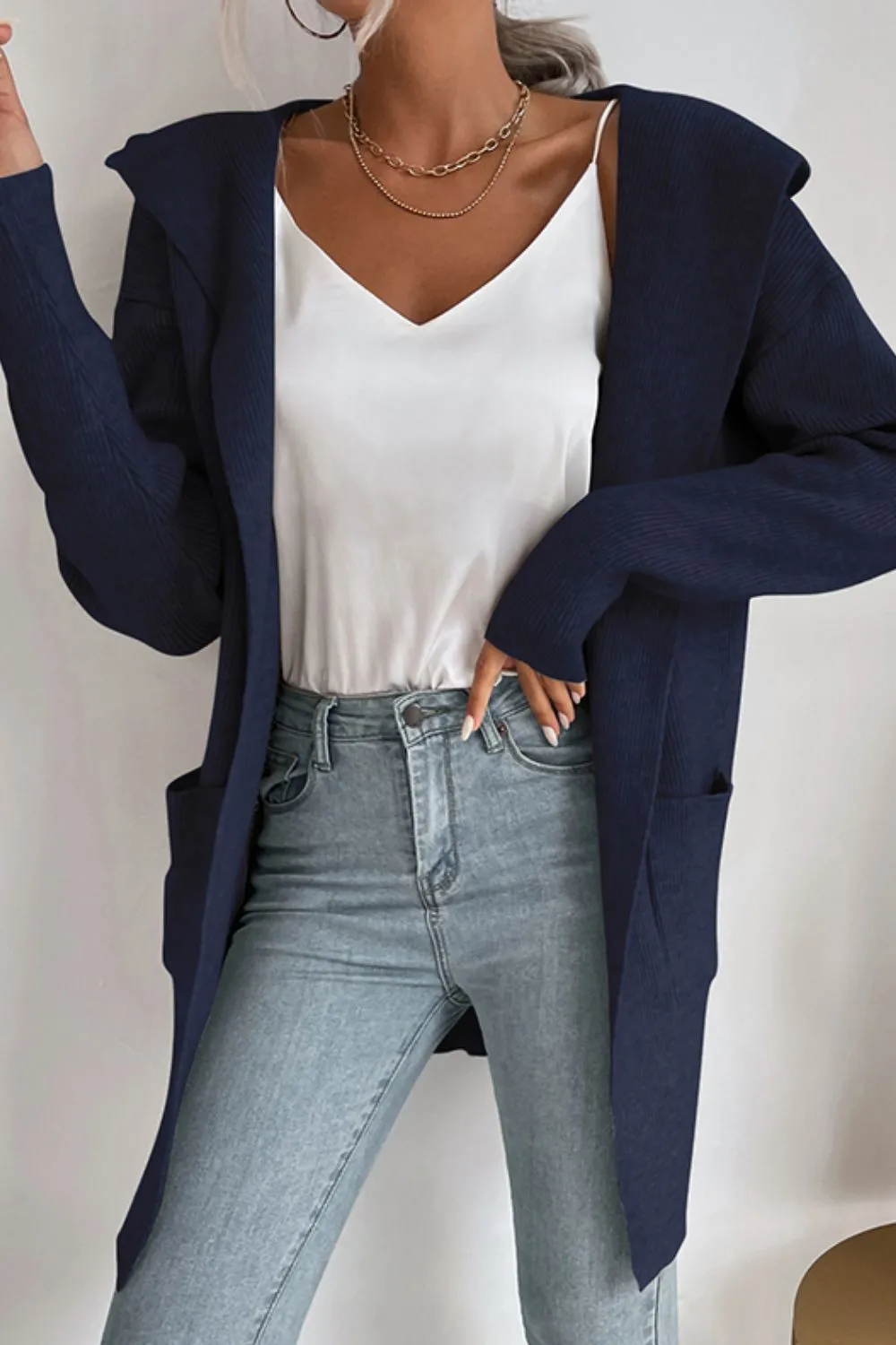 Ribbed Open Front Hooded Cardigan with Pockets, image 7