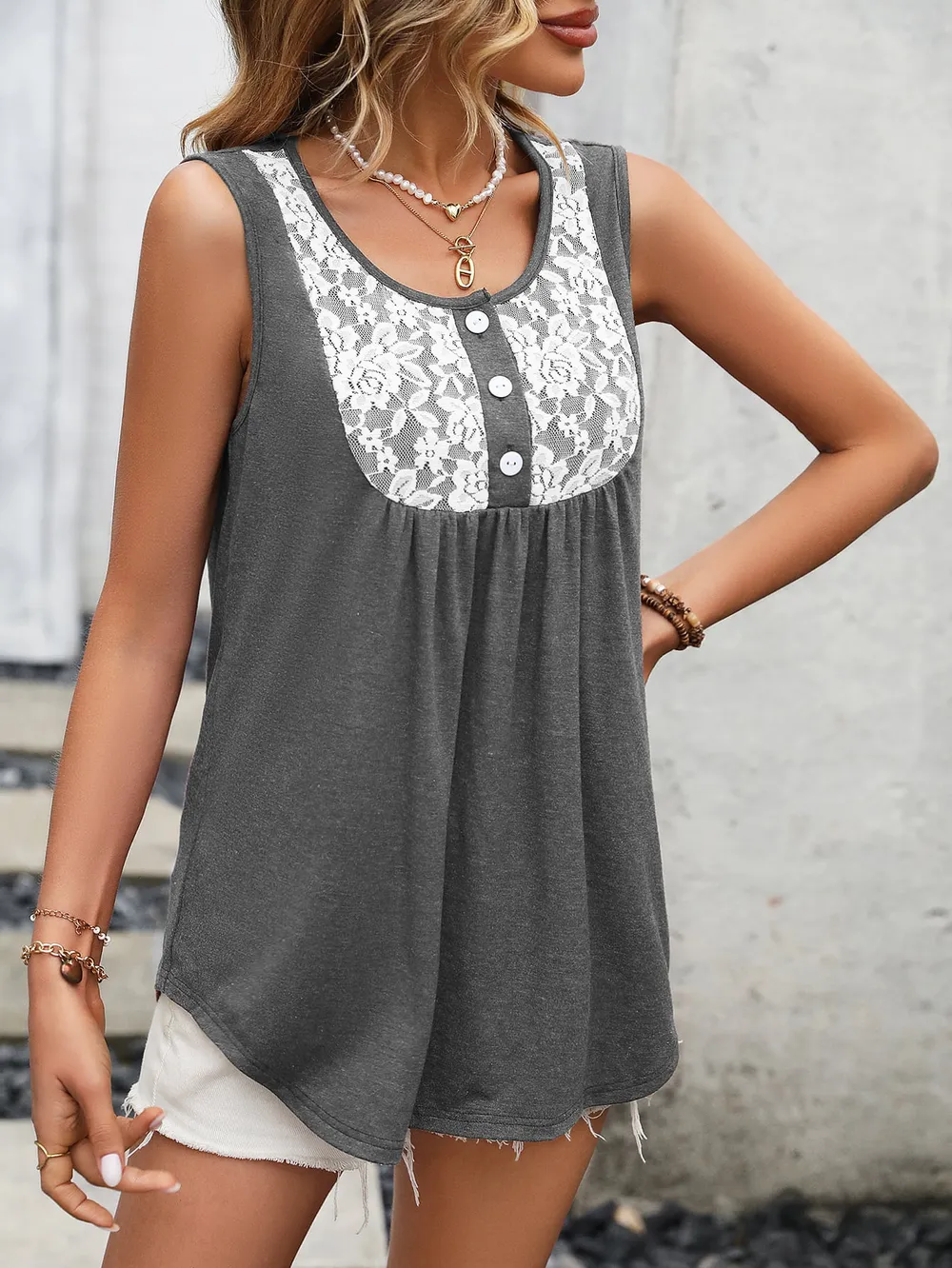 Lace Contrast Scoop Neck Tank, image 19