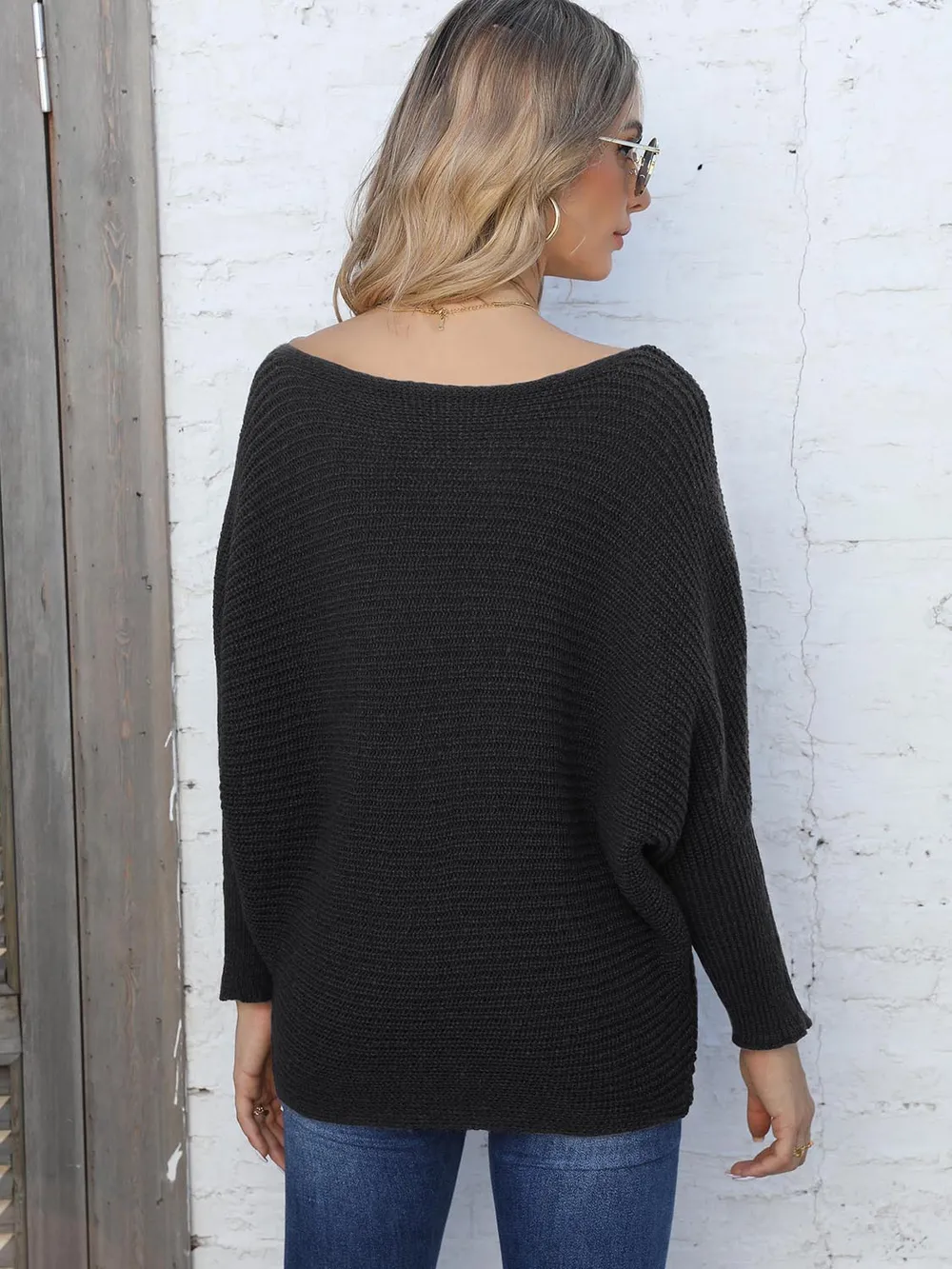 Full Size Horizontal Ribbing Dolman Sleeve Sweater, image 6