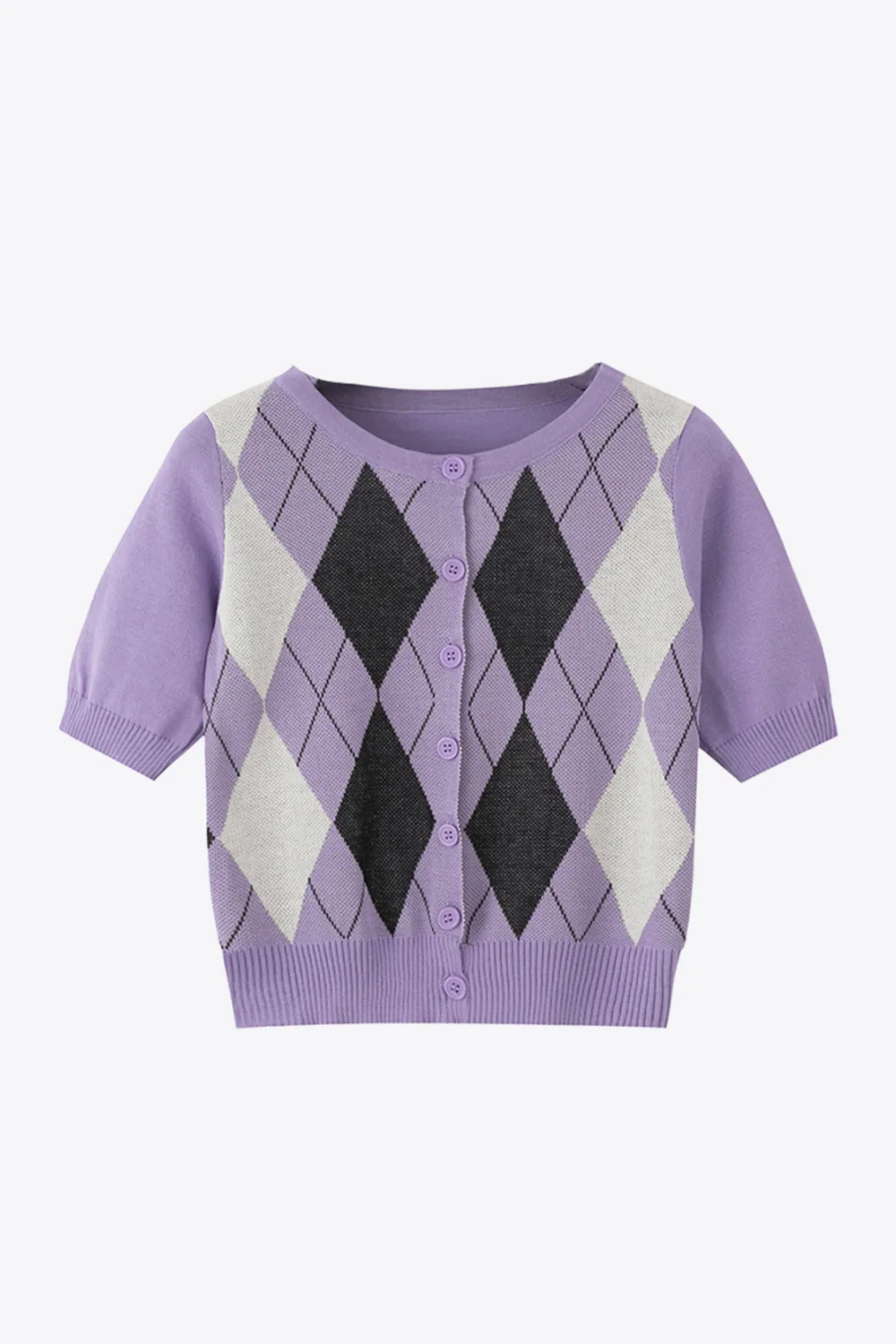 Argyle Round Neck Ribbed Trim Cardigan, image 4