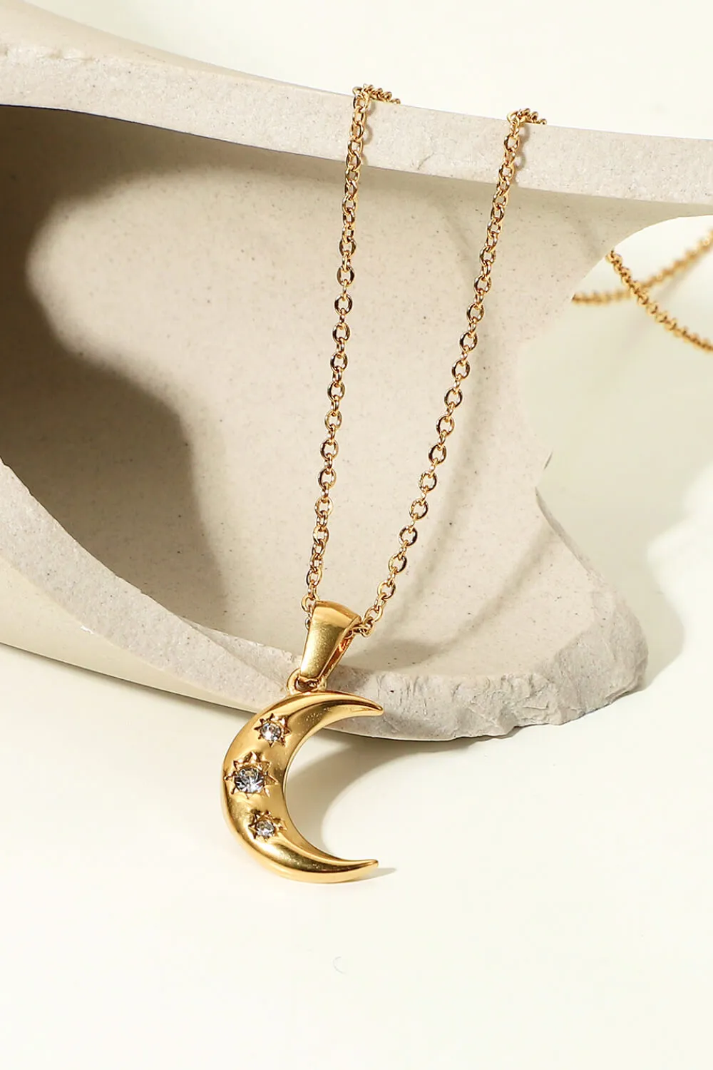 18K Gold Plated Inlaid Zircon Moon Pendant Necklace, image 3