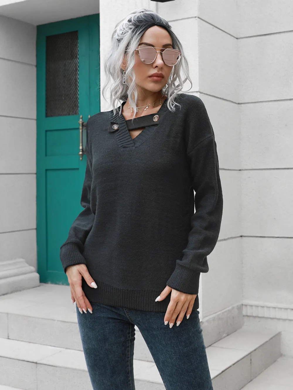 Dropped Shoulder Button Detail Sweater, image 3