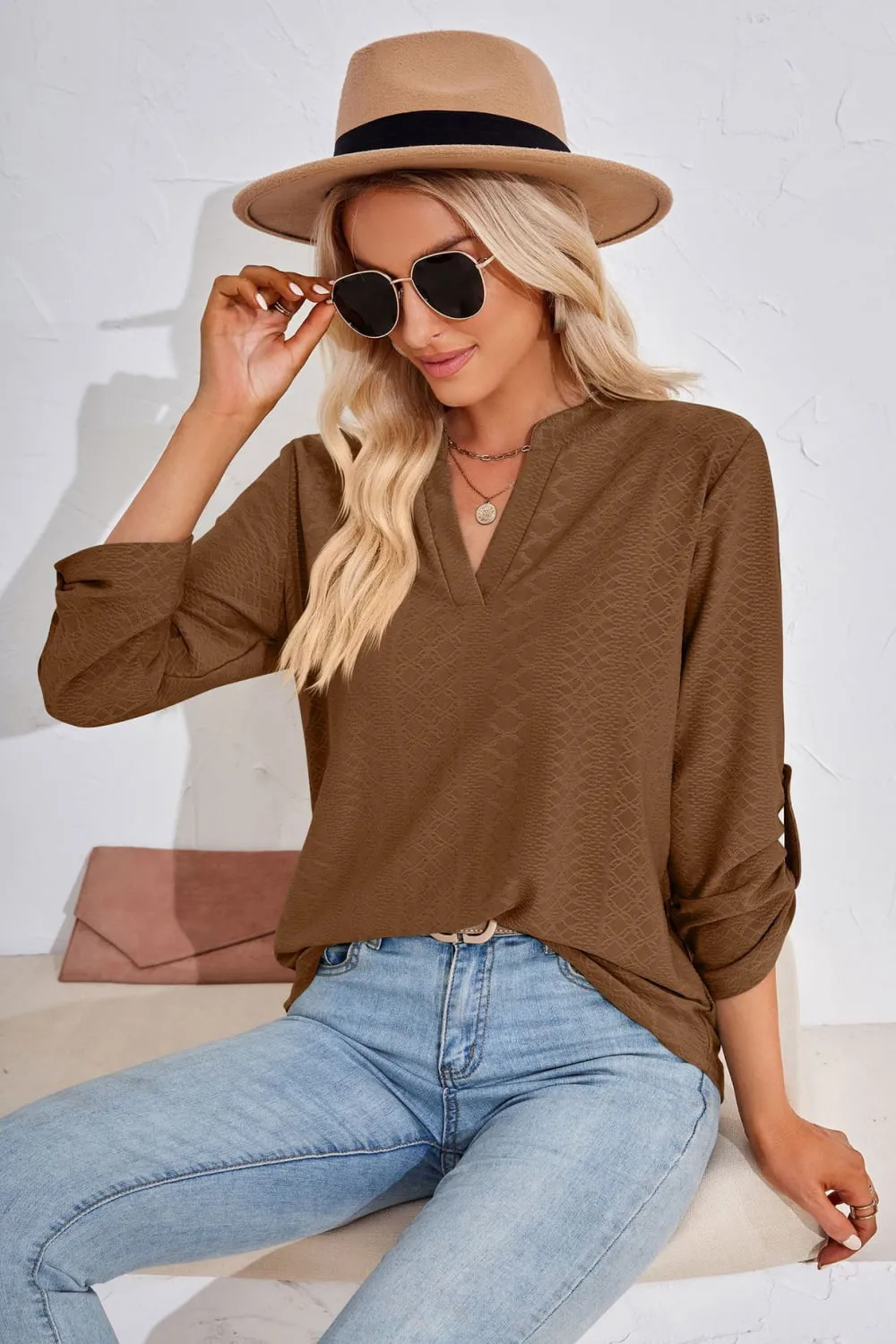 V-Neck Roll-Tap Sleeve Blouse, image 24