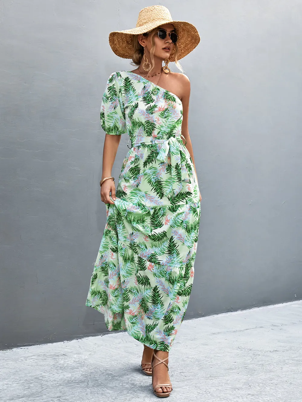 Printed Tie Waist One Shoulder Maxi Dress, image 9