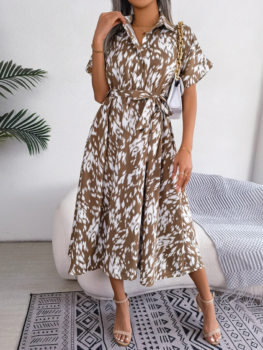Printed Collared Neck Short Sleeve Tie Waist Dress, image 8