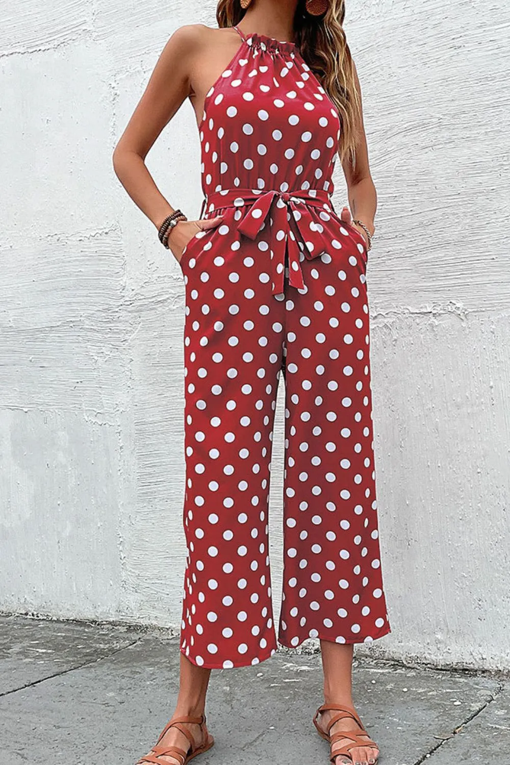 Polka Dot Grecian Wide Leg Jumpsuit, image 3