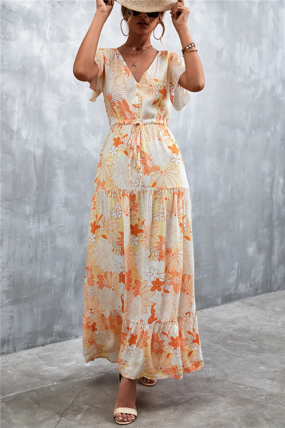 Floral Buttoned Drawstring Waist Tiered Dress, image 11