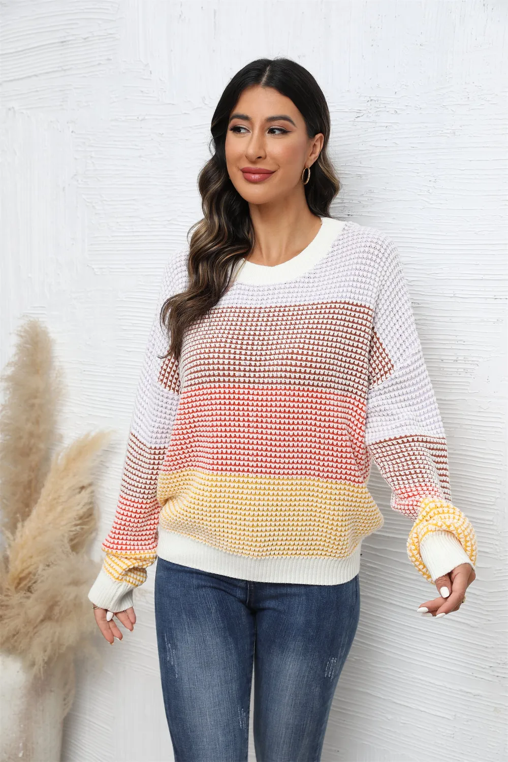 Waffle-Knit Round Neck Dropped Shoulder Color Block Sweater, image 4