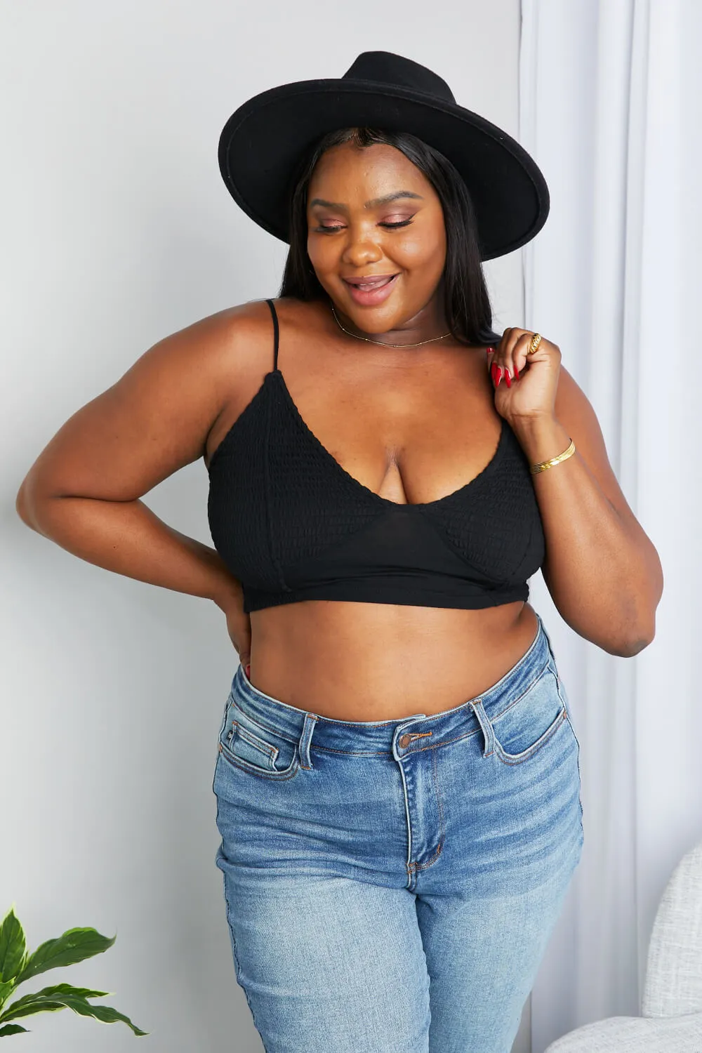 Full Size Textured Spaghetti Strap Bralette in Black, image 5