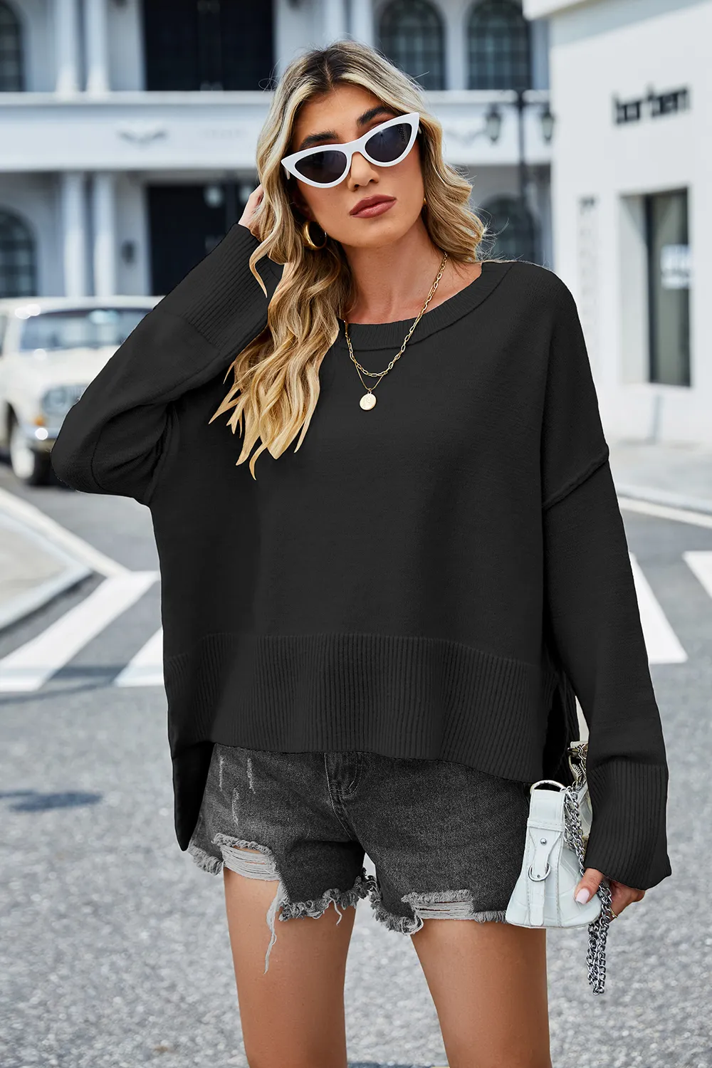 Round Neck Dropped Shoulder Slit Sweater, image 7