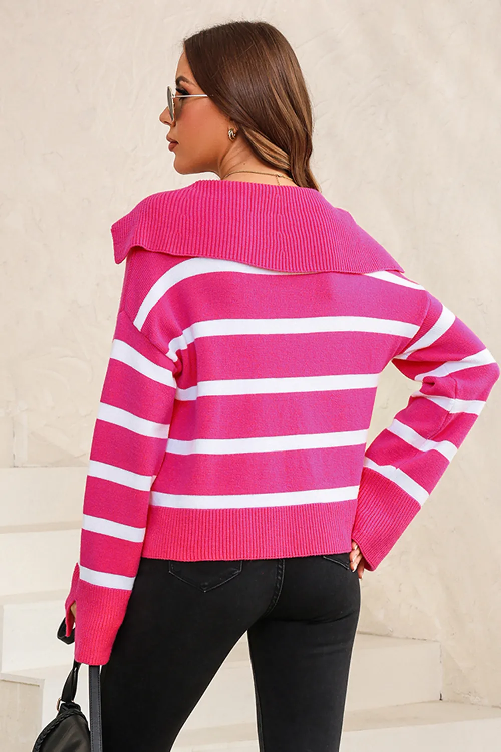 Striped Collared Neck Slit Sweater, image 2