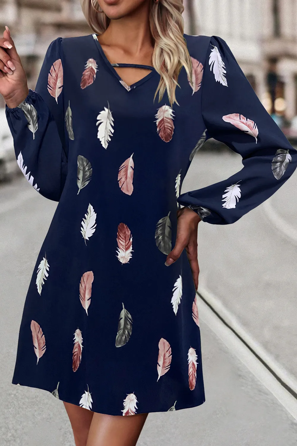 Feather Print V-Neck Dress, image 7