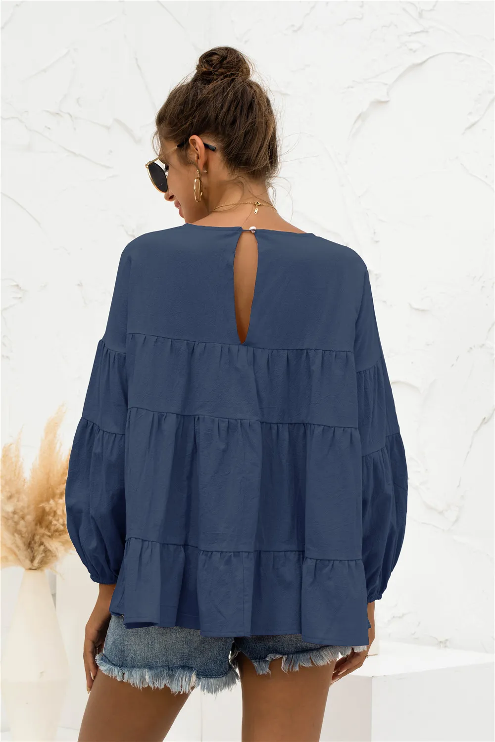 Round Neck Bubble Sleeve Tiered Blouse, image 9