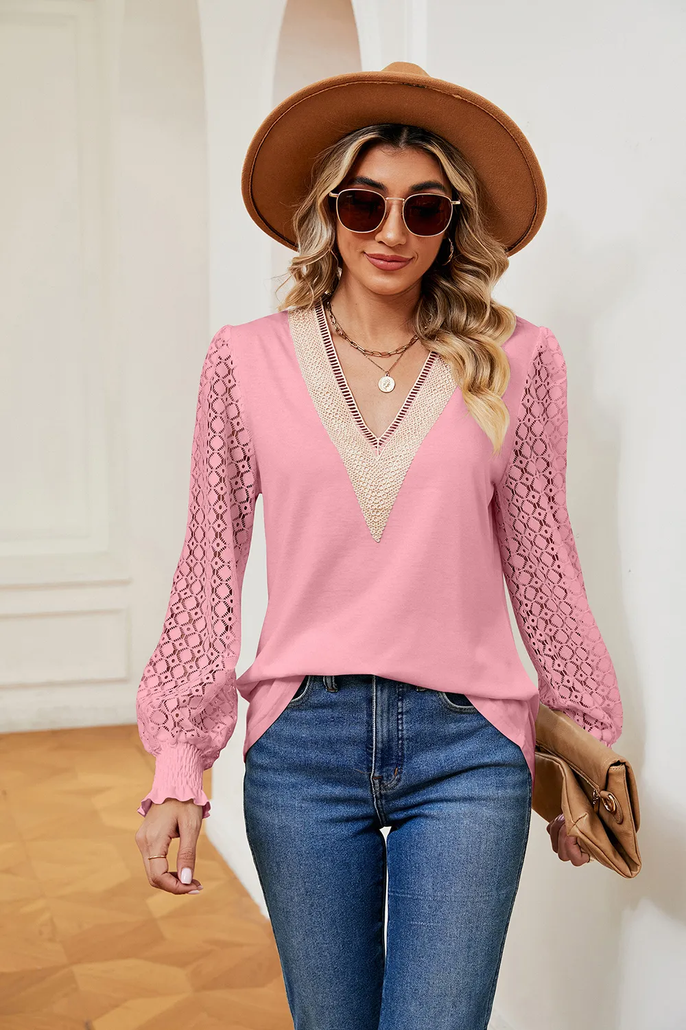 Contrast V-Neck Long Sleeve Blouse, image 17