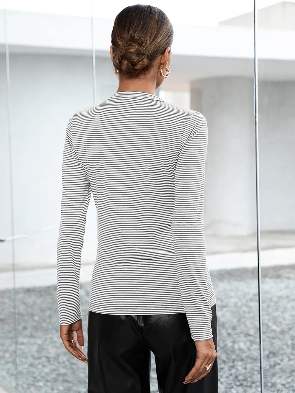 Striped Buttoned V-Neck Long Sleeve Top, image 7