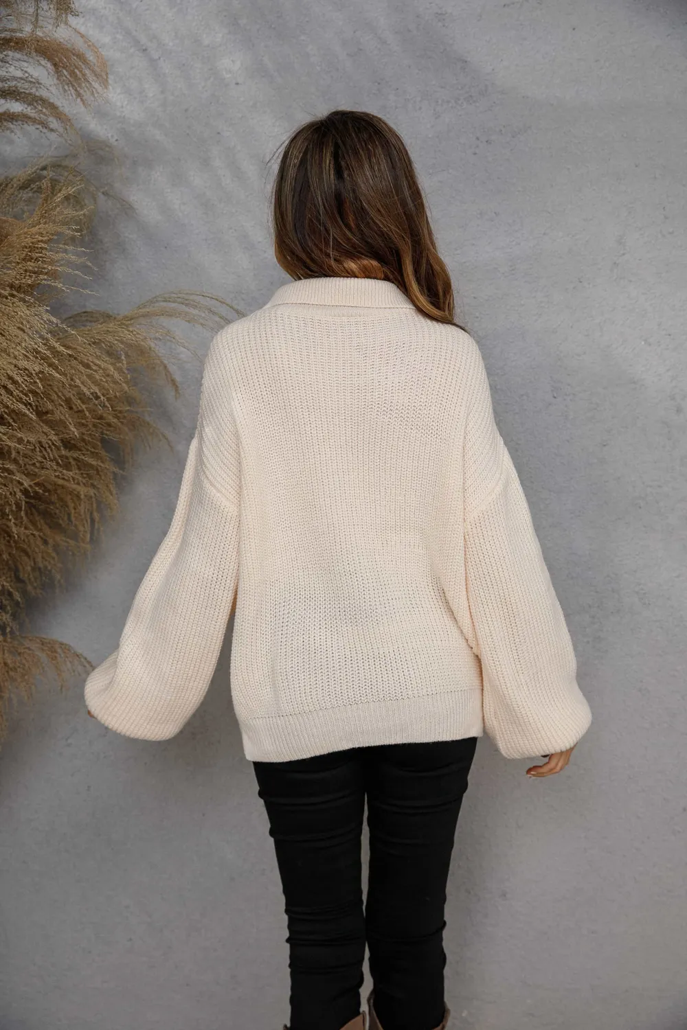 Collared Neck Zip-Up Knit Top, image 2