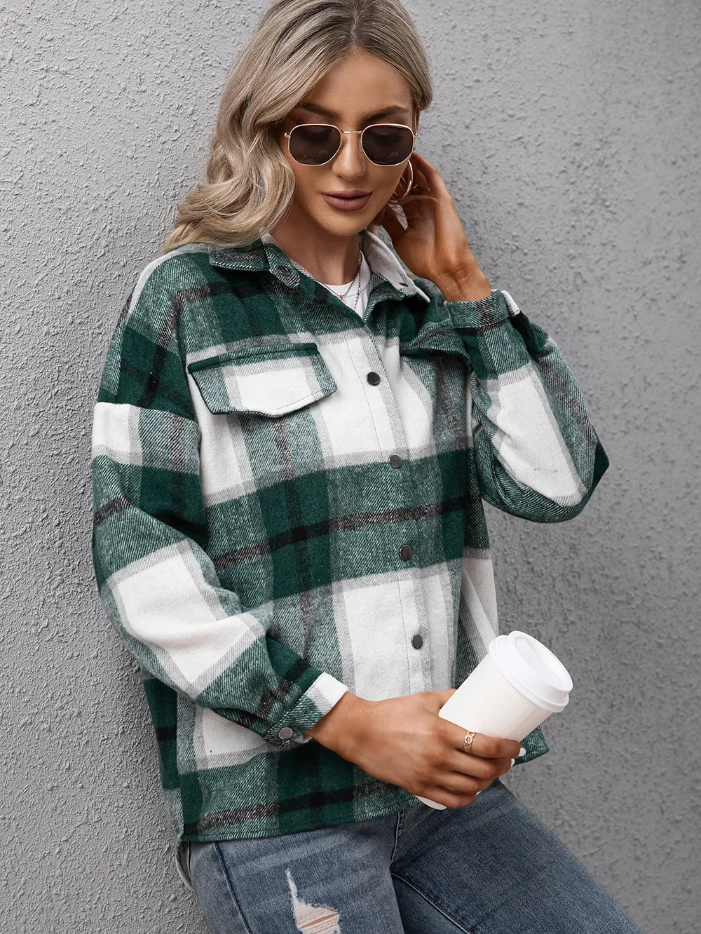 Plaid Long Sleeve Shirt Jacket, image 13