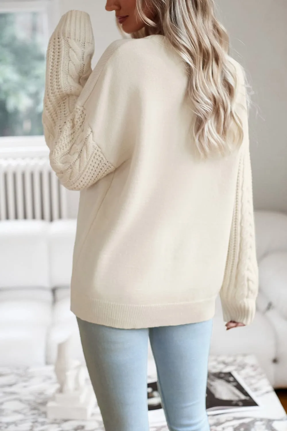 Cable-Knit Round Neck Drop Shoulder Sweater, image 3