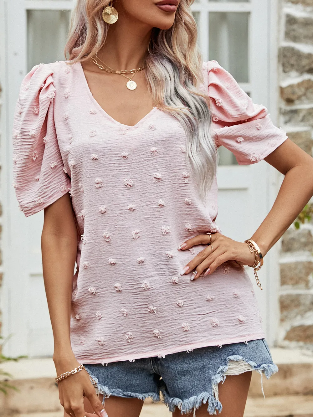Swiss Dot Short Puff Sleeve Top, image 4
