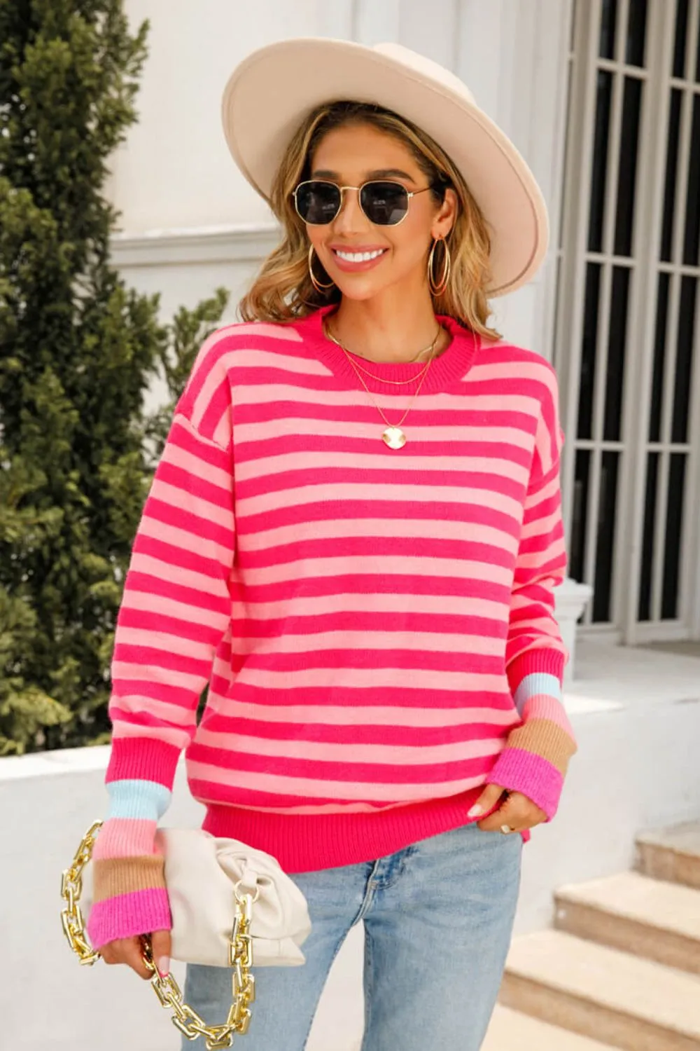 Warm Spice Striped Round Neck Sweater, image 2