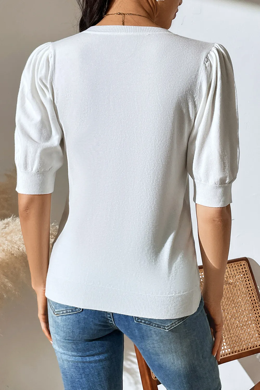 Round Neck Puff Sleeve Knit Top, image 7