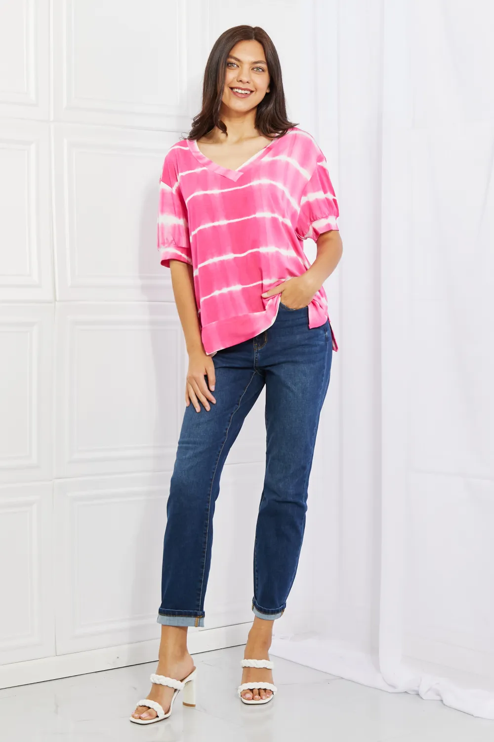 Full Size Oversized Fit V-Neck Striped Top, image 9