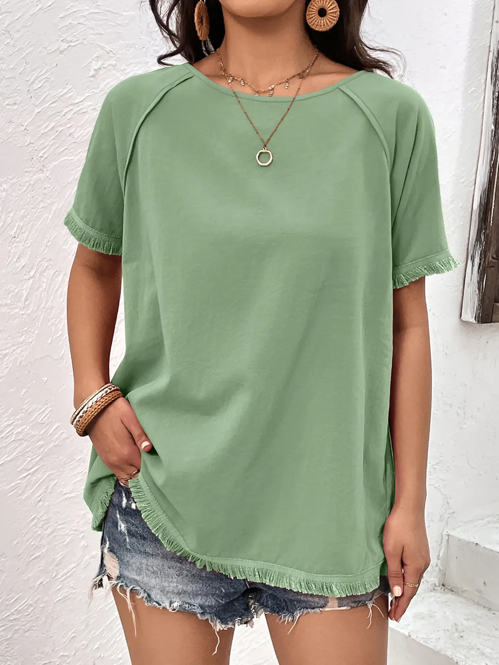 Round Neck Raglan Sleeve Fringe Detail Top, image 6