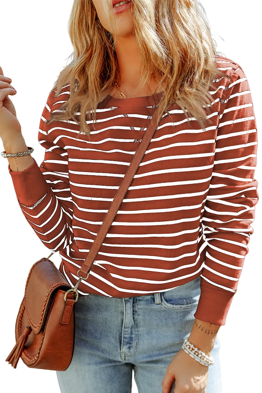Striped Long Sleeve Round Neck Top, image 6