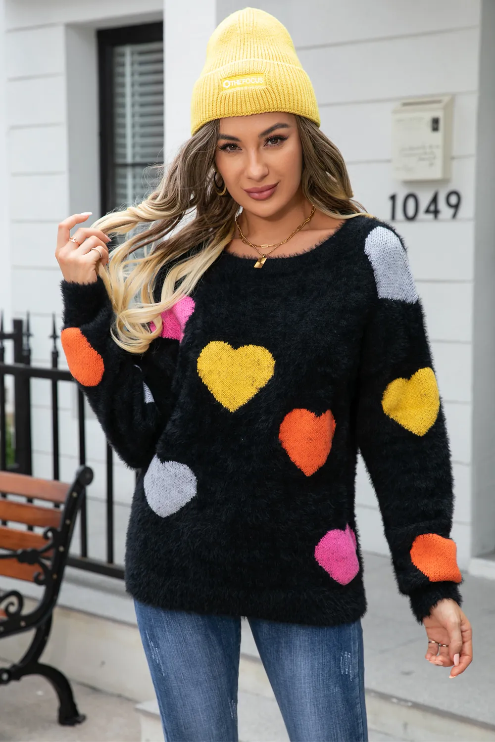 Heart Pattern Round Neck Long Sleeve Sweater, image 5