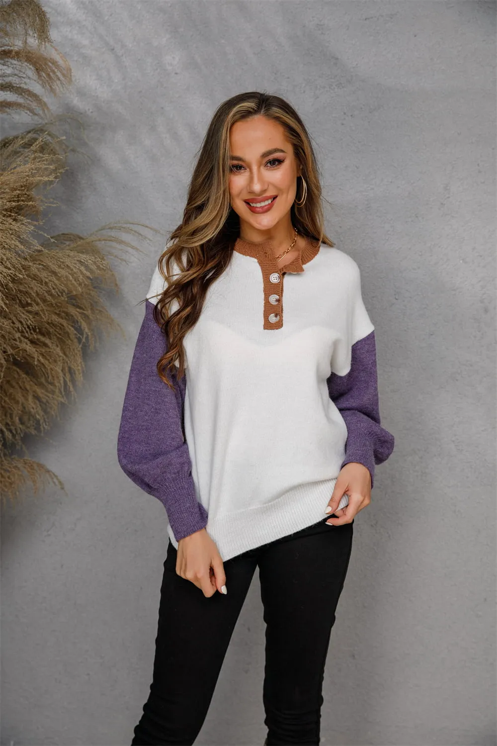 Round Neck Buttoned Knit Top, image 3