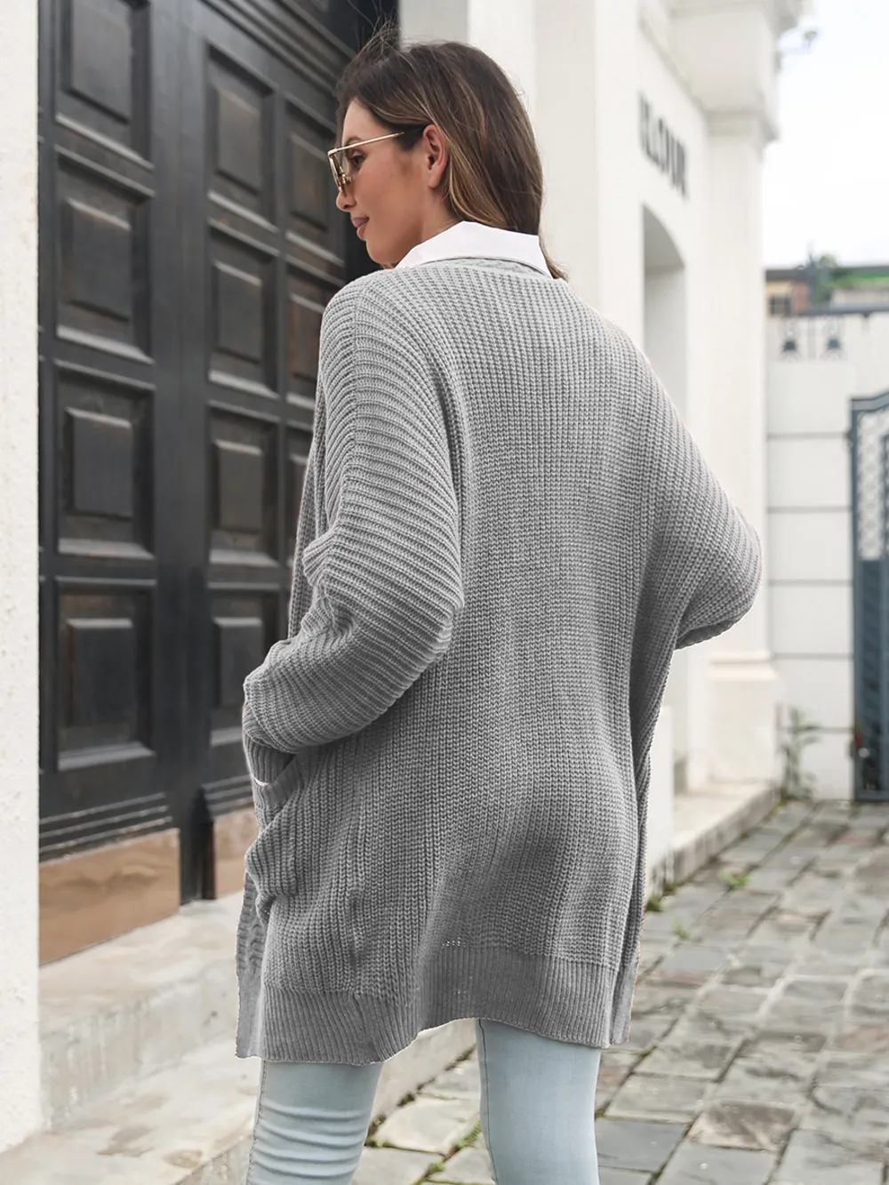 Open Front Rib-Knit Cardigan with Pockets, image 4