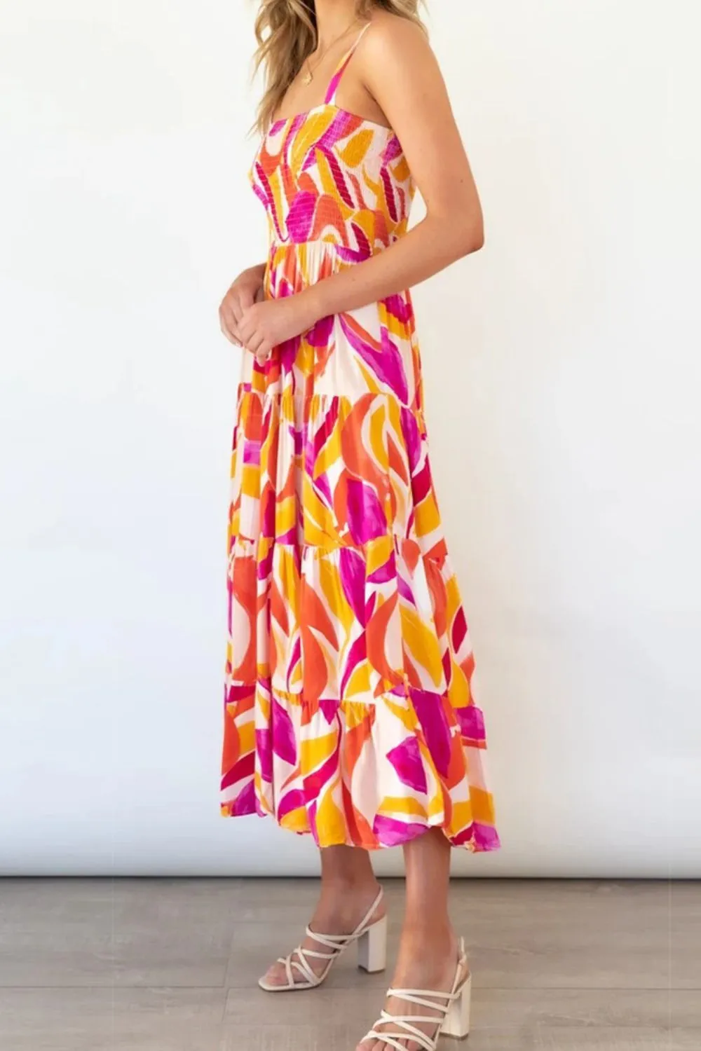 Printed Smocked Square Neck Tiered Sleeveless Dress, image 4