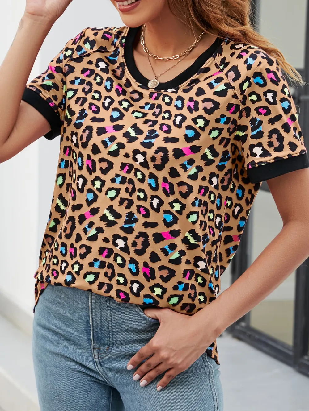 Leopard Round Neck Short Sleeve Tee Shirt, image 20