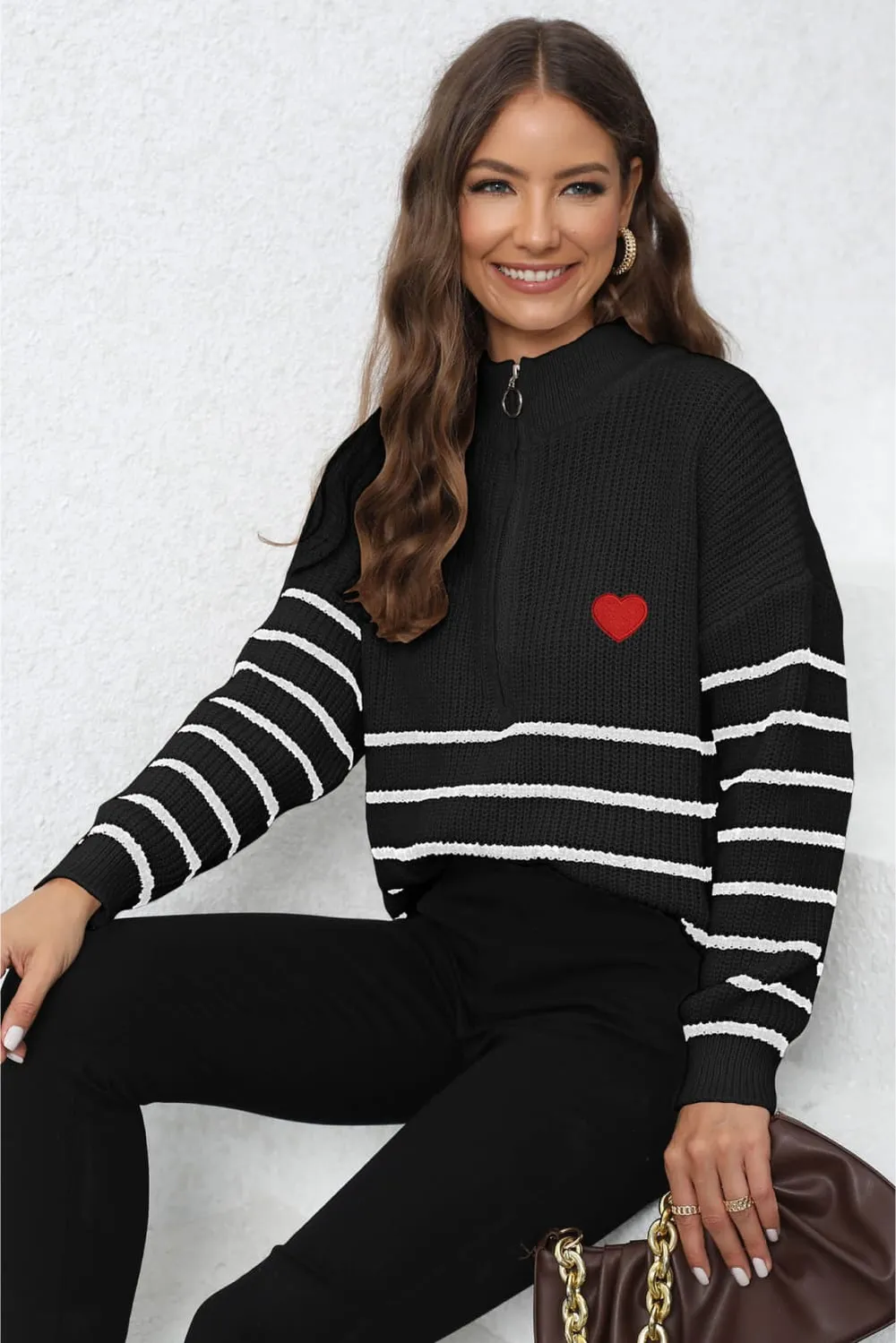 Striped Zip-Up Long Sleeve Ribbed Sweater, image 4
