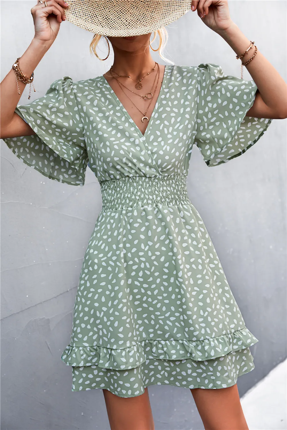 Printed Smocked Waist Layered Surplice Dress, image 9