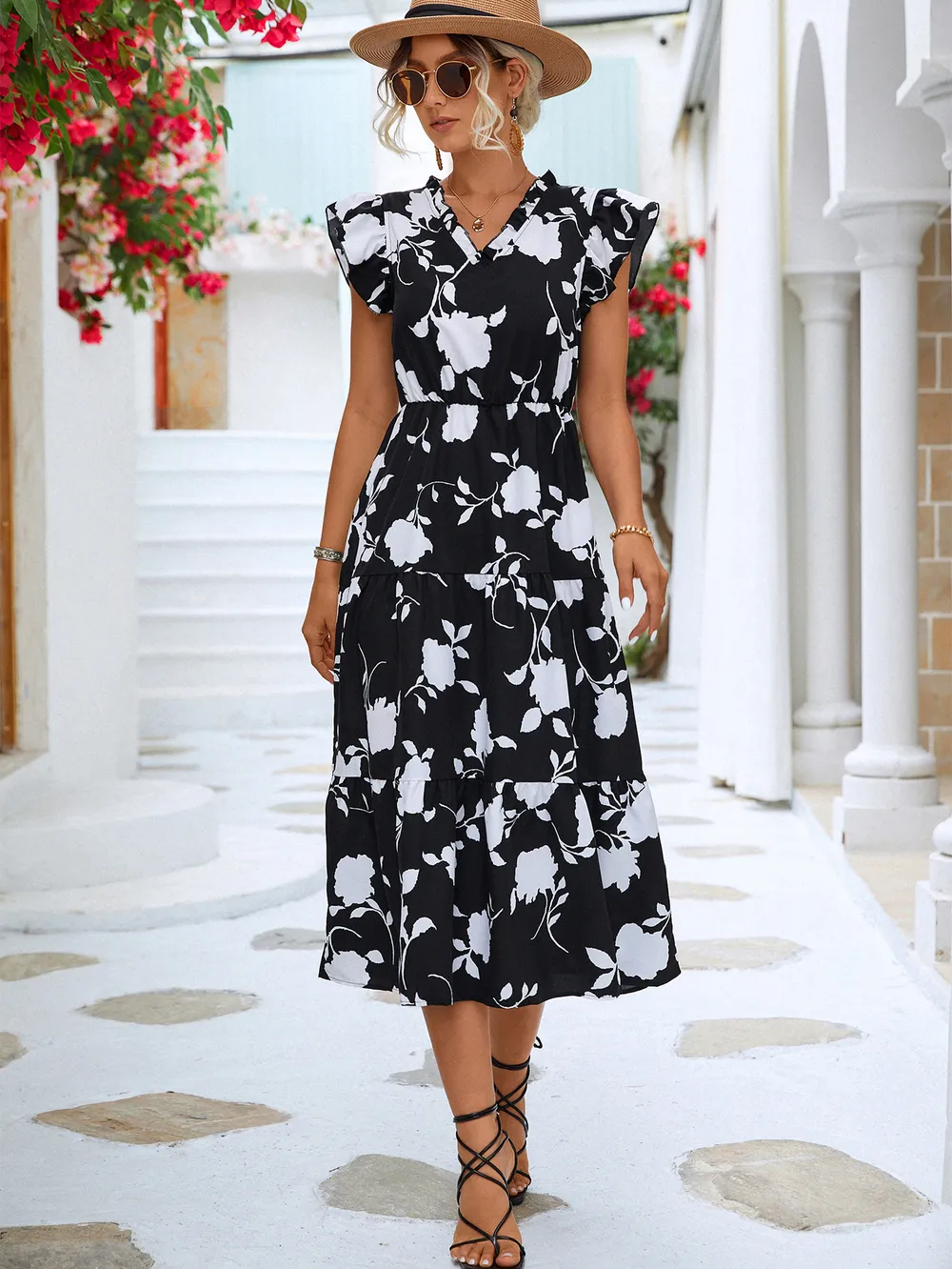 Floral Frill Trim V-Neck Tiered Midi Dress, image 6