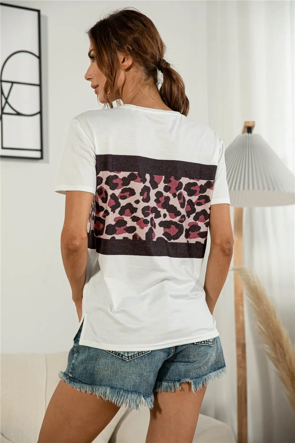 Leopard Color Block Side Slit Tee, image 4