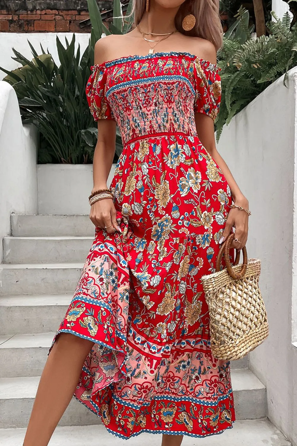 Floral Off-Shoulder Smocked Midi Dress, image 3