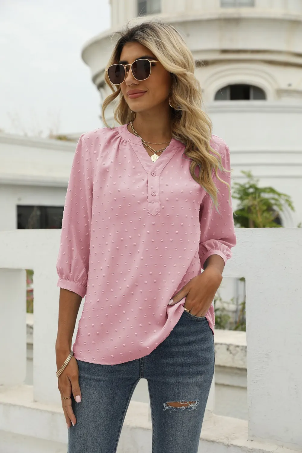 Swiss Dot Notched Neck Three-Quarter Sleeve Blouse, image 12