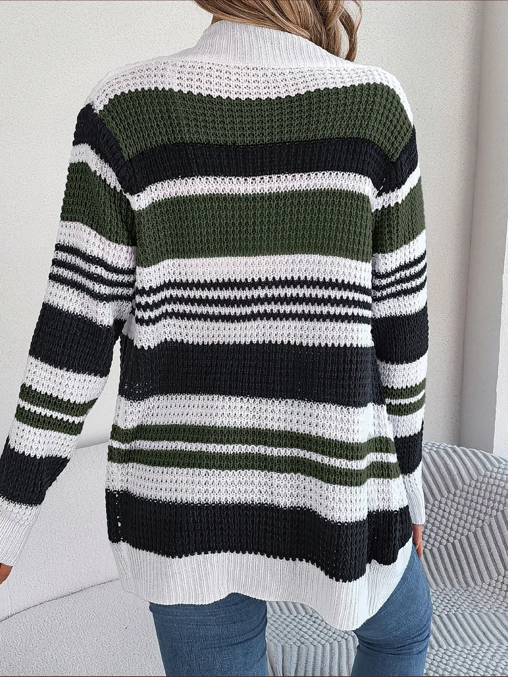 Striped Open Front Long Sleeve Cardigan, image 9