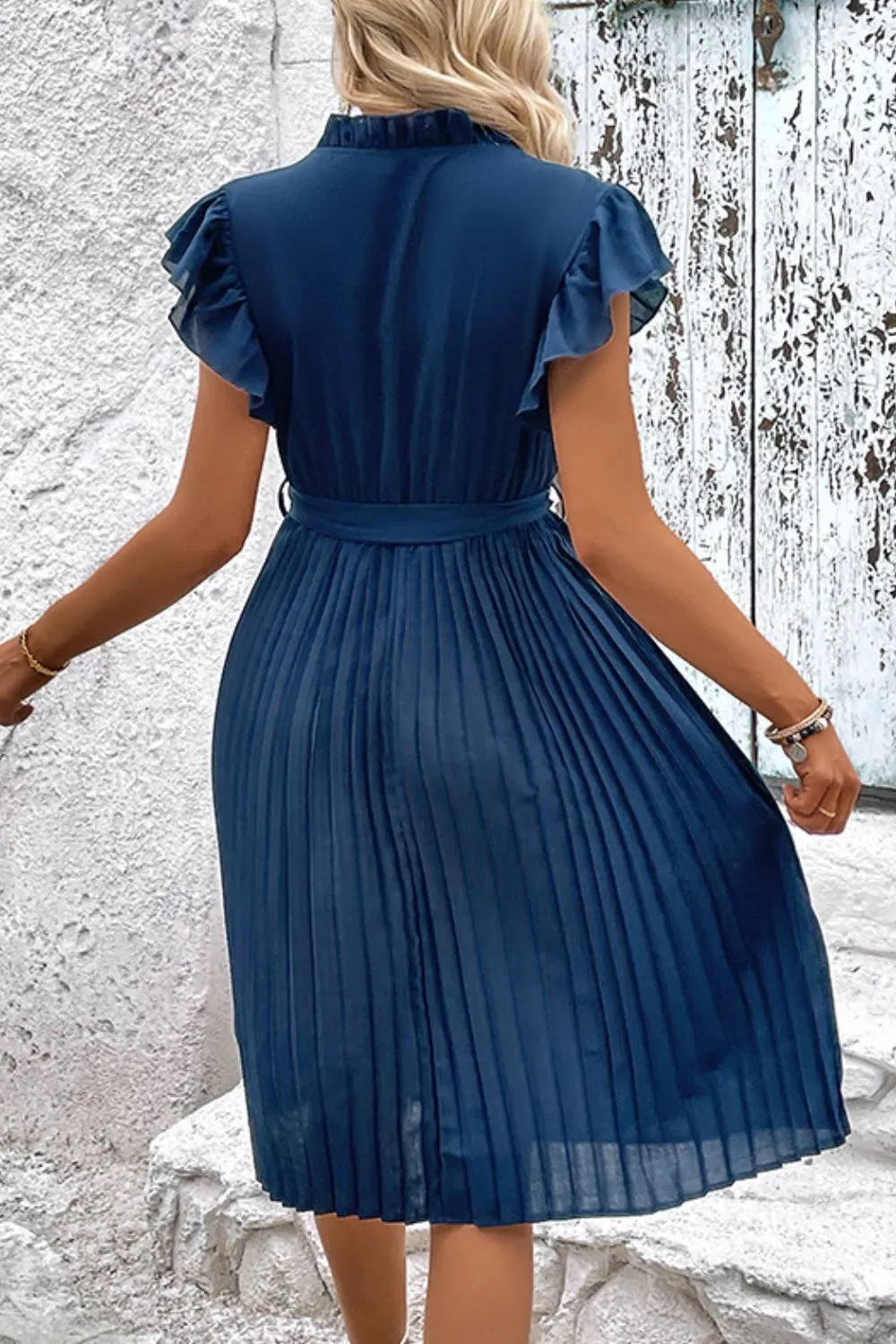 Tie Neck Belted Pleated Dress, image 2
