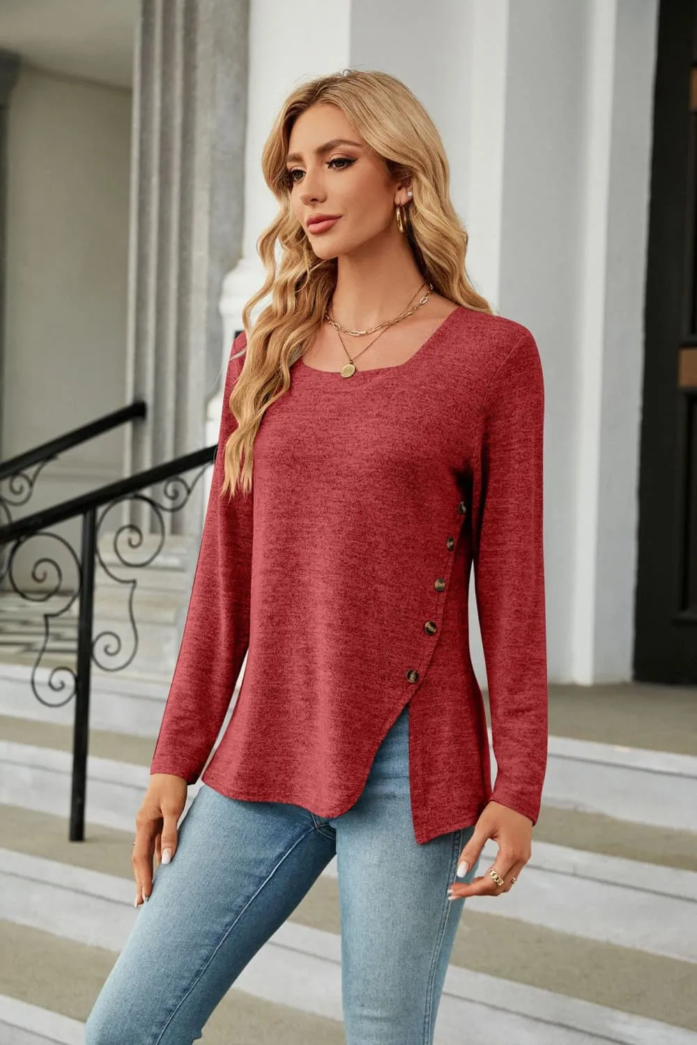 Square Neck Long Sleeve Slit T-Shirt, image 15