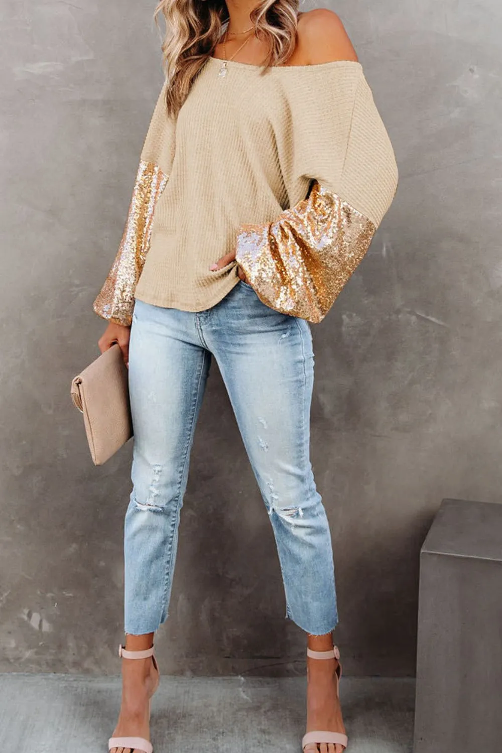Sequin Waffle-Knit Blouse, image 3