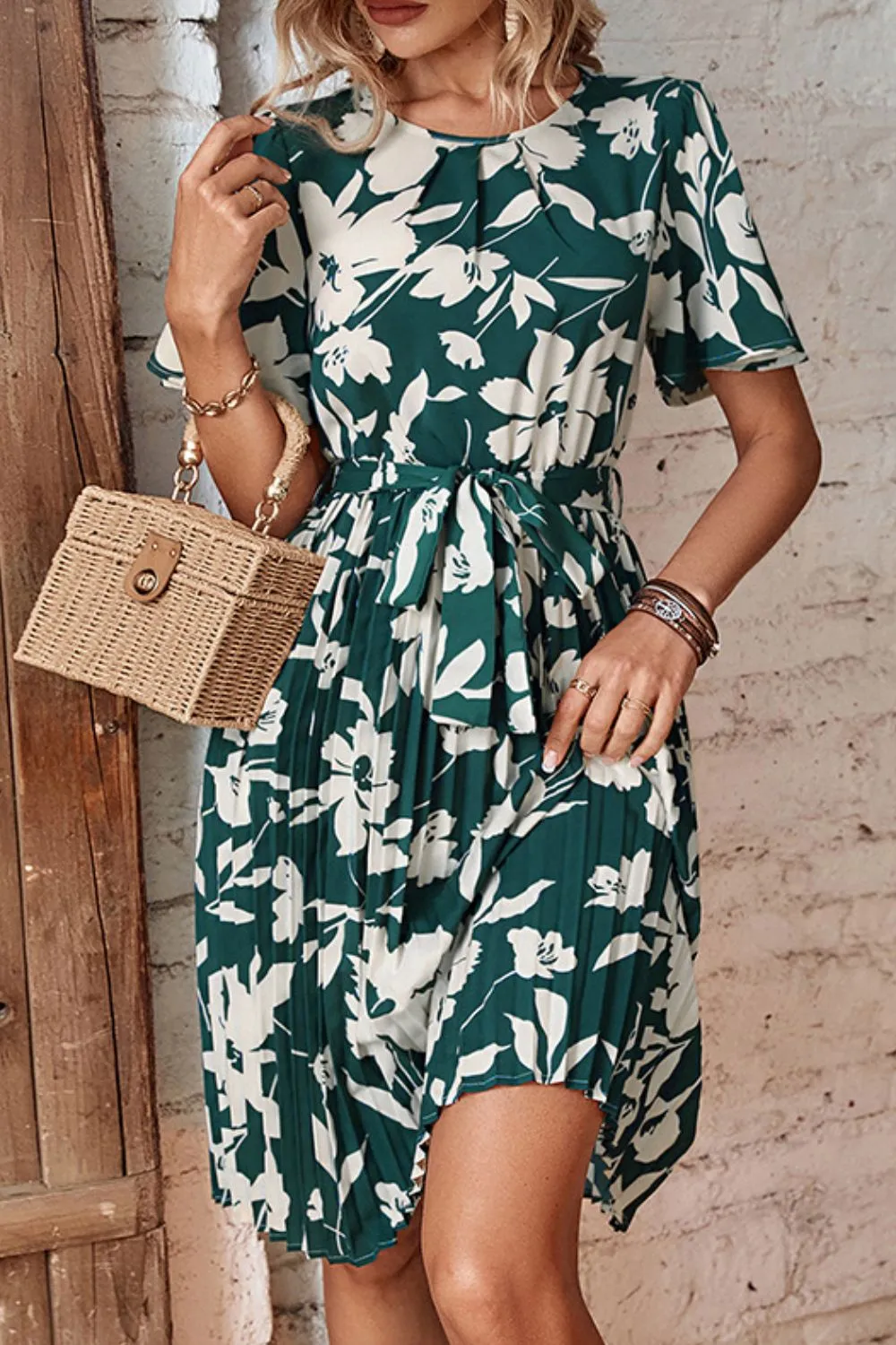 Floral Round Neck Tie Belt Pleated Dress, image 3