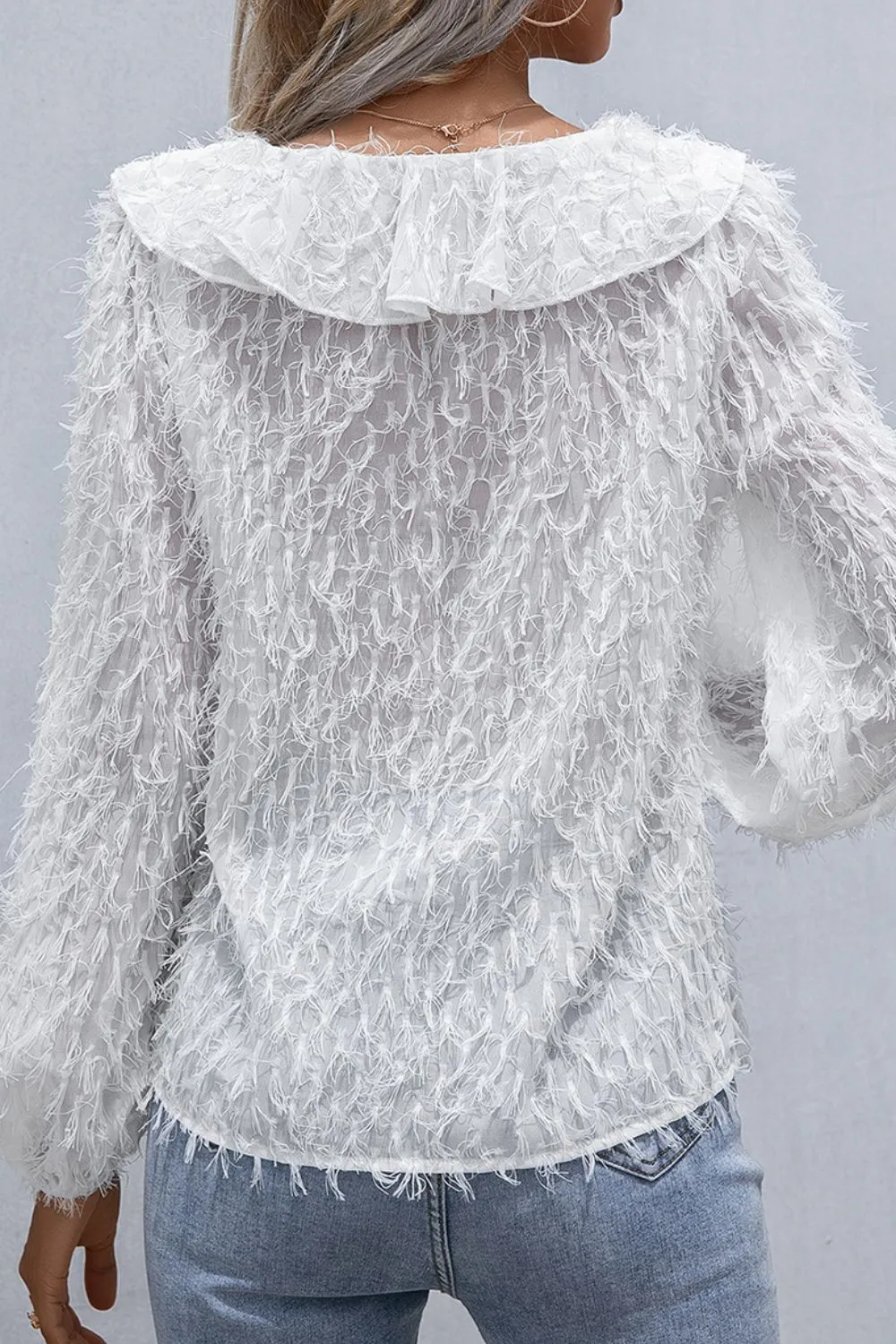 Ruffle Hem Fringe V-Neck Balloon Sleeve Blouse, image 8