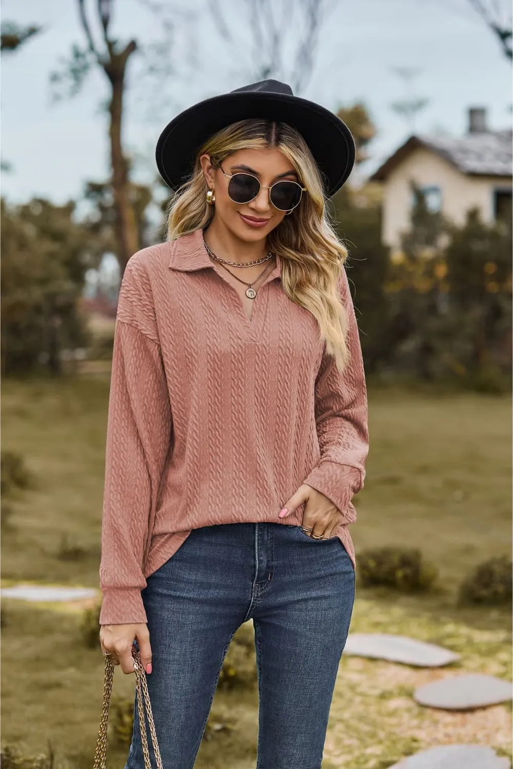 Collared Neck Cable-Knit Long Sleeve Blouse, image 9