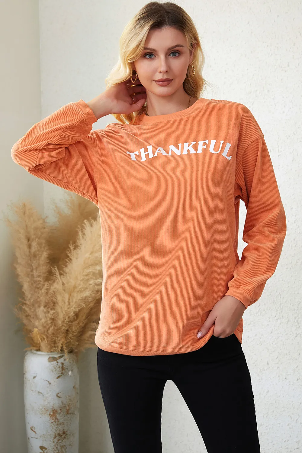 Round Neck Dropped Shoulder THANKFUL Graphic Sweatshirt, image 6