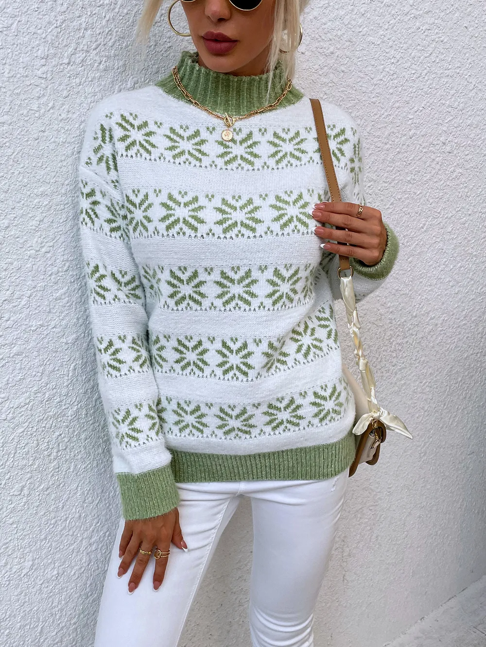 Snowflake Pattern Mock Neck Sweater, image 6