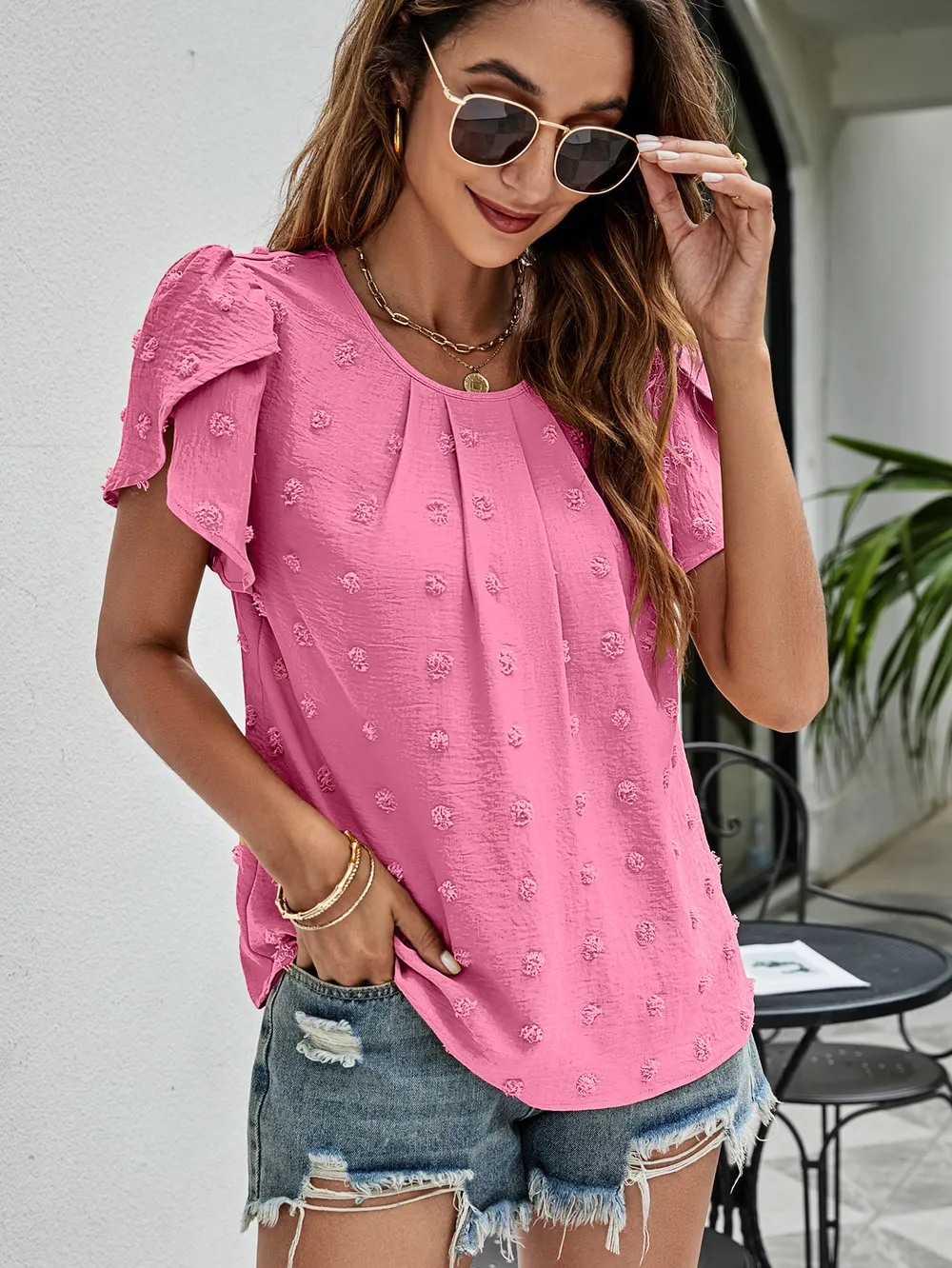 Swiss Dot Round Neck Petal Sleeve Top, image 4